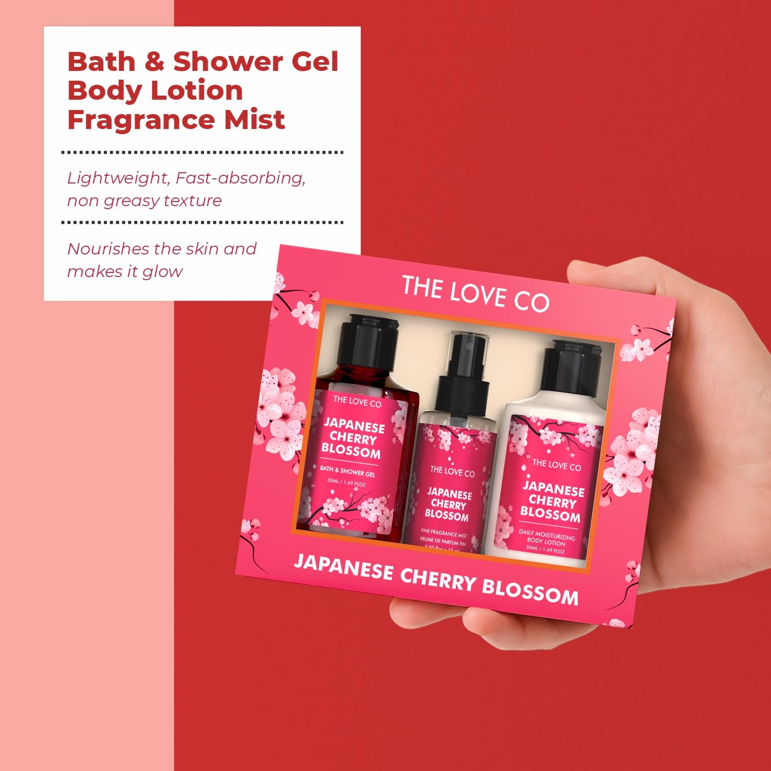 71Up-JaYIVL._SL1500_ THE LOVE CO. Japanese Cherry Blossom Bath and Body Care Gift Set Box | Body Wash, Body Lotion and Mist - Image 1